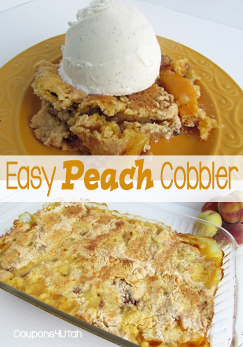 This easy Peach Cobbler uses pantry items to make a quick and yummy late summer (or anytime) dessert. - Coupons4Utah